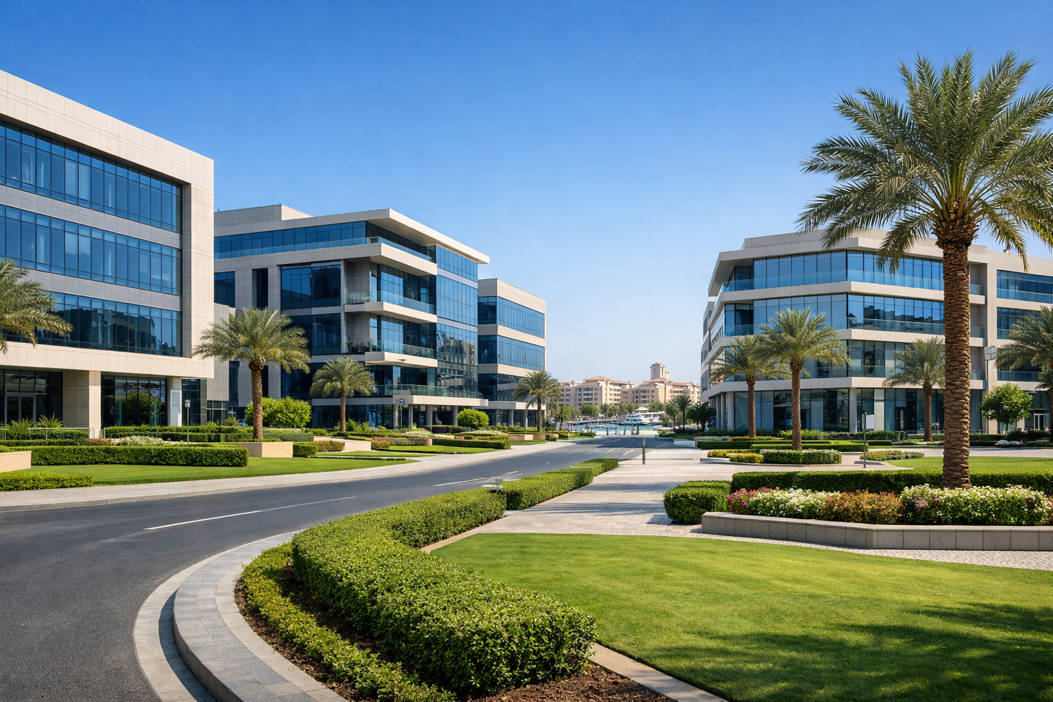 Al Hamra business and lifestyle district in Ras Al Khaimah with modern commercial buildings