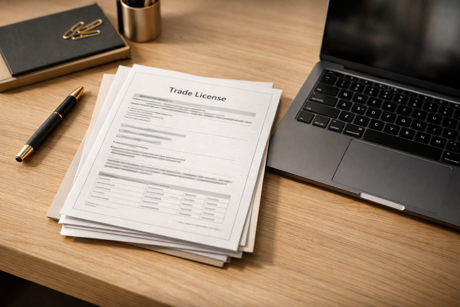 Business setup and company formation documents on a professional desk in Ras Al Khaimah office