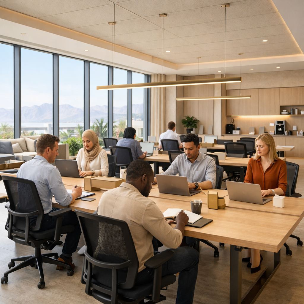 Modern coworking space in Ras Al Khaimah with shared desks and collaborative work environment